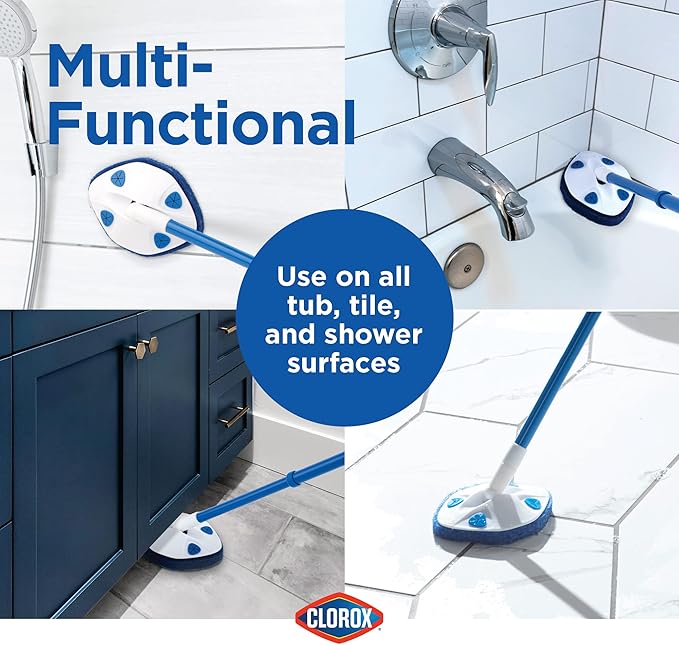 CLOROX Extendable Tub and Tile Scrubber (Pack of 2) with Extra Pad - Plastic Head, Blue, Tile Surface