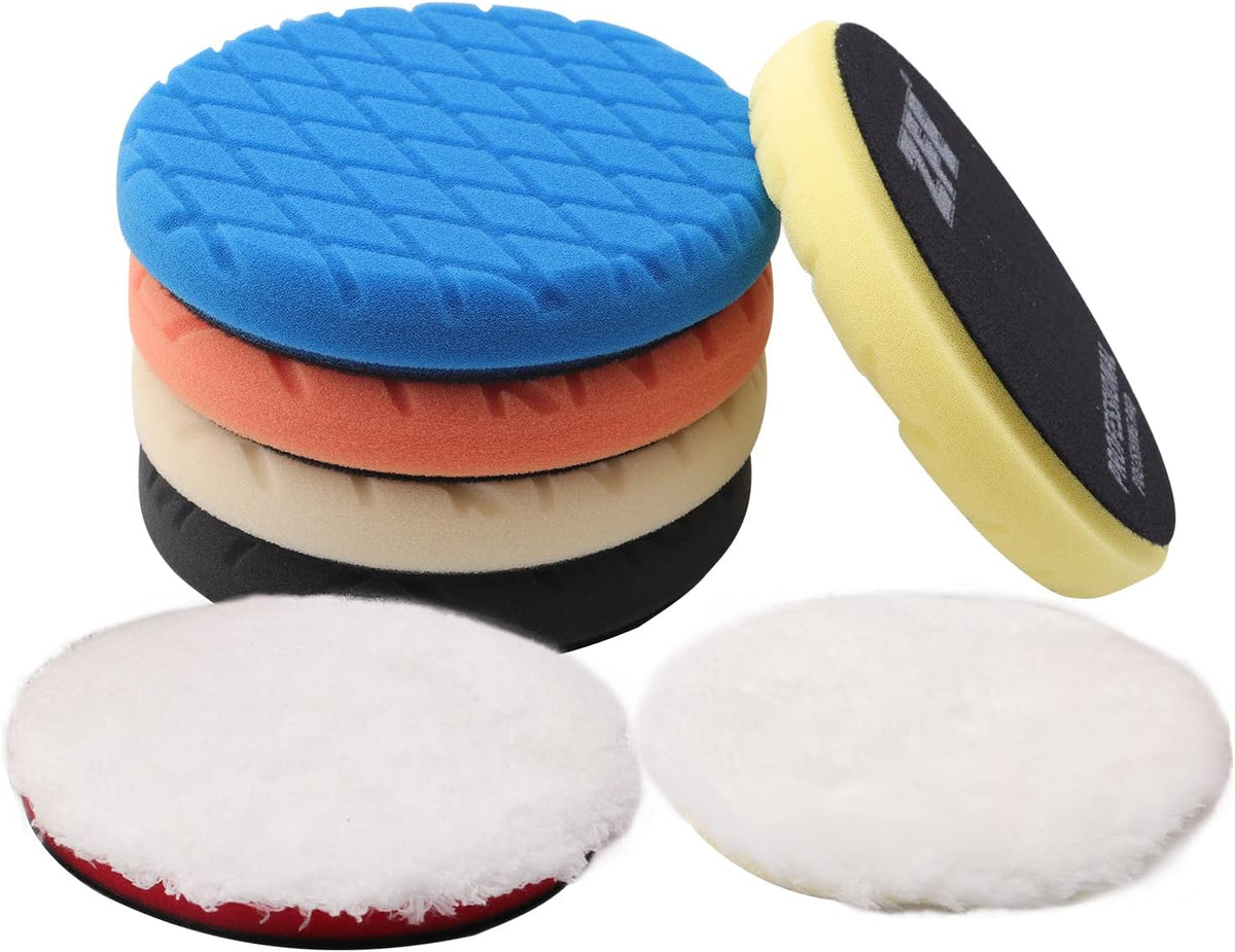Buffing Polishing Pads, 7Pcs 7"(180mm) Waffle Foam Buffing Pads Polishing Pads Wool Pad Kit for 7Inch Backing Plate RO/DA/GA Car Polisher Boat Compounding, Polishing and Waxing