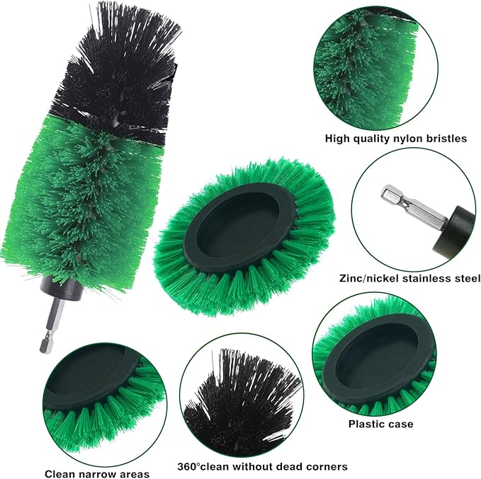 8 Pcs Drill Brush Attachment Set, Power Cleaning Scrub Brush Kit with Extend Long Attachment, All Purpose Drill Scrub Brushes for Car, Grout, Floor, Tub, Bathroom and Kitchen (Green)