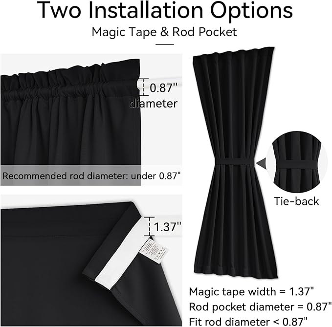 Vatge French Door Window Curtains - Privacy Front Door Curtains for Glass Doors, Doors Window Covering for Doorways, 1 Panel, W54 x L40, Black