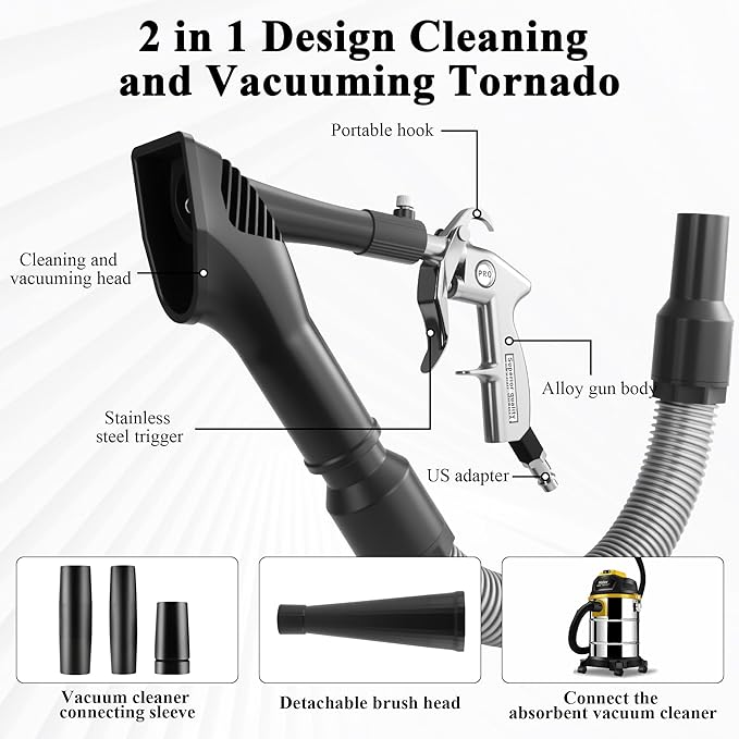 GOCCIDA 2IN1 Car Interior Detailing Air Blow Gun & vacunm Gun with Adjustable Air Flow Nozzle,Cleaning Gun Quickly Blasts Dirt and Dust from Surface Works with Air Compressor(Upgrade Rotate Tube)