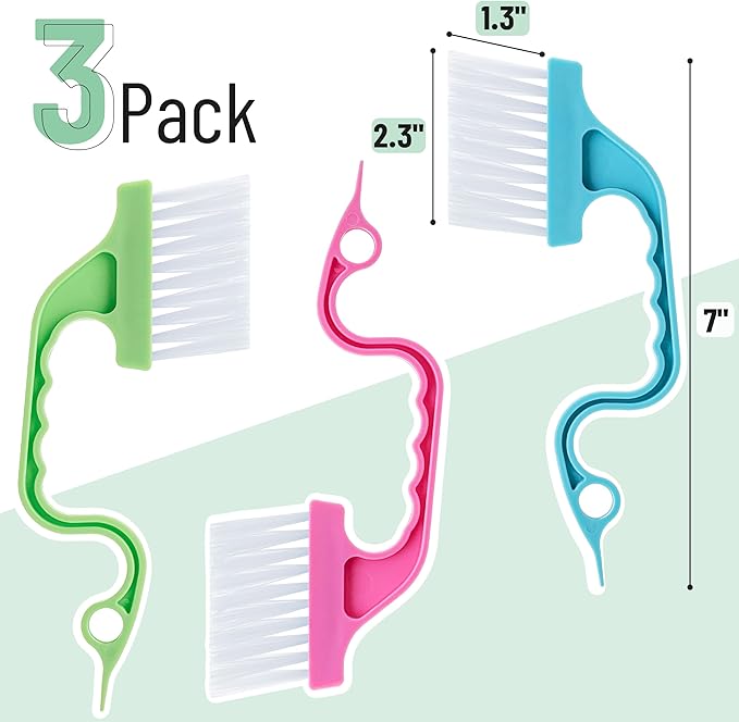 Slick- Window Track Cleaning Brush, 3 Pack, Colorful, Ergonomic Handle, Built-in Scraper, Multipurpose Window Track Cleaning Tools for Faucets, Shower Heads and Drains
