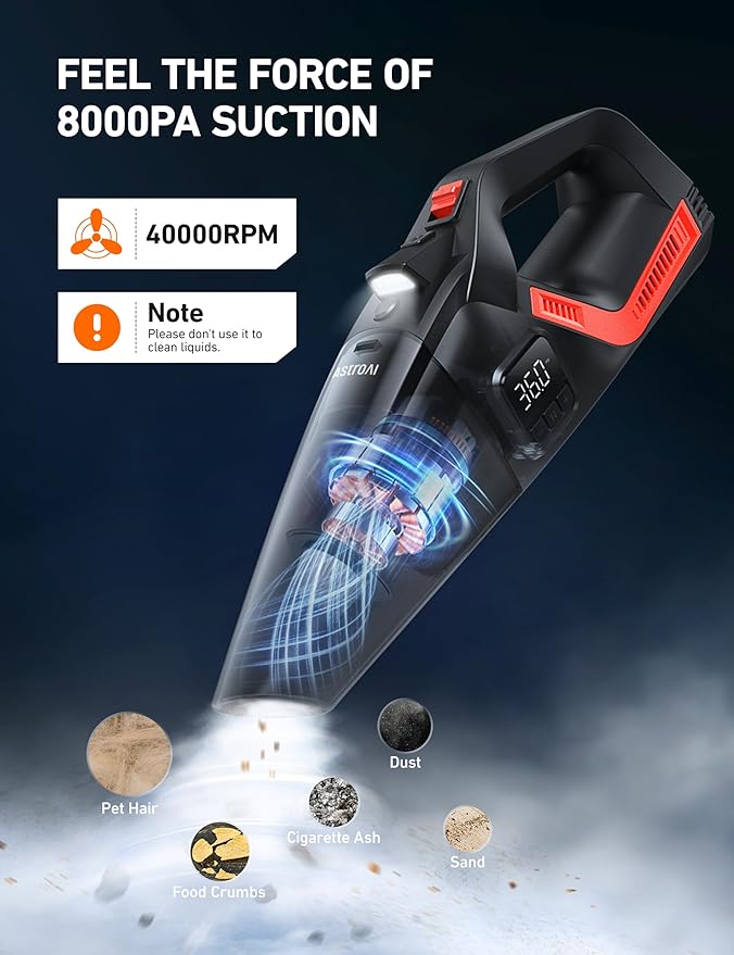 AstroAI 4-in-1 V3 Portable Handheld Car Vacuum Cleaner & Tire Inflator, 150 PSI Portable Air Compressor with Digital Dual Values Display, LED Light, 12V DC, 16.4FT Cord for Cars, Bikes, SUVs
