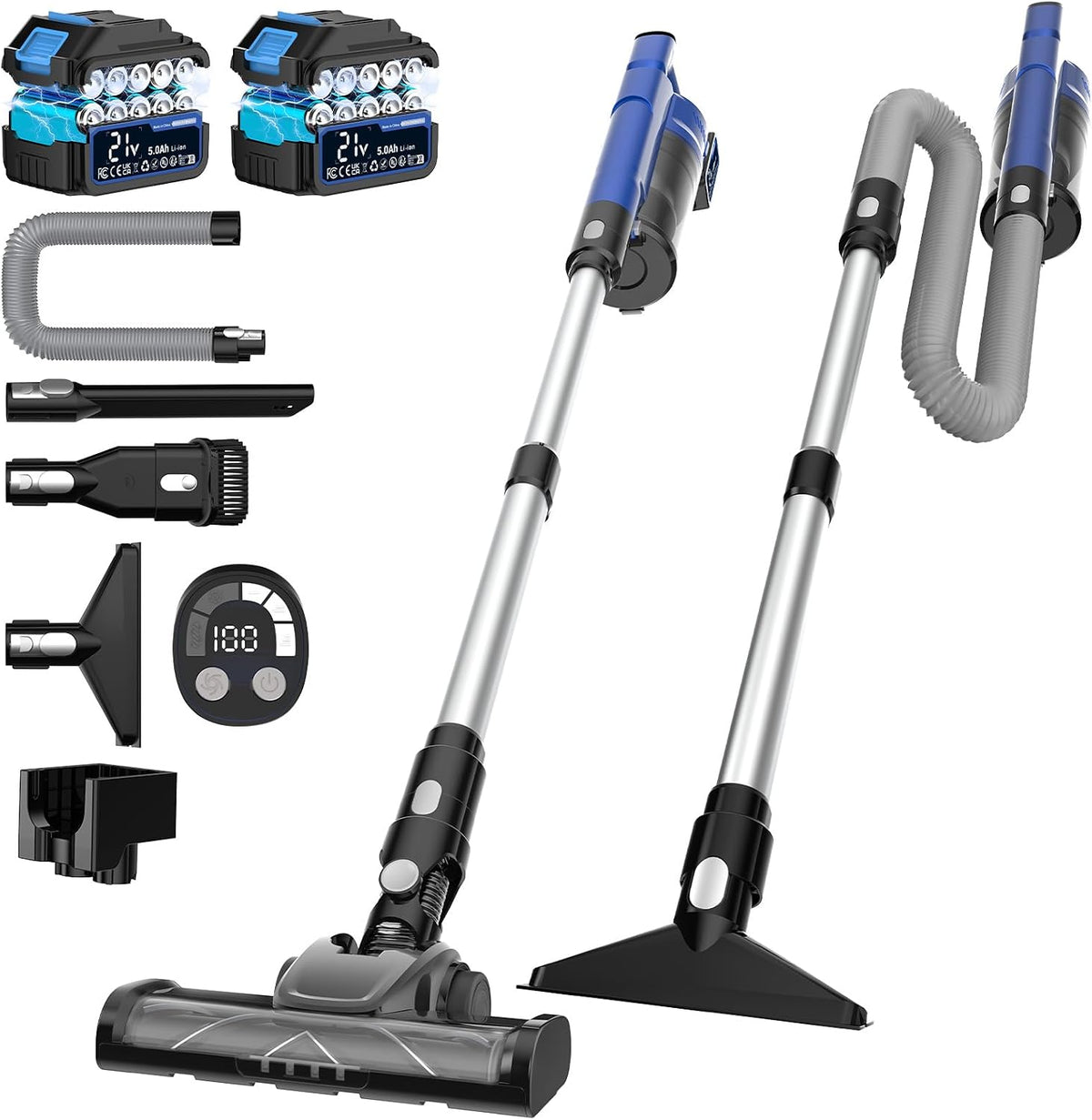60 KPA Cordless Vacuum Cleaners for Home, 2 x 5000mAh Portable Stick Vacuum Cordless Rechargeable,Anti-Tangle Brush, Smart Display, Lightweight Wireless Vacuum for Pet Hair Hardwood Floors Carpet