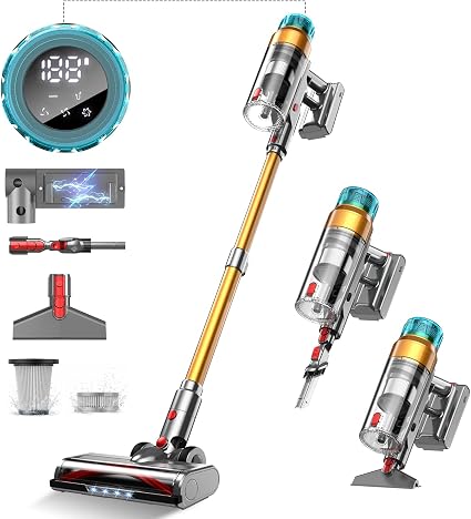 MBYULO Cordless Vacuum Cleaner for Home 600W 60Kpa Upgraded Powerful Stick Vacuum Up to 75Mins, Anti-Tangle & Wall Mount