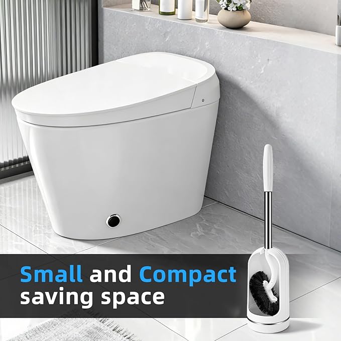 Toilet Brush and Holder Set, Curved Toilet Brush with Stainless Steel Handle, Under Rim Toilet Bowl Brush for Deep Cleaning, Drip-Proof, White