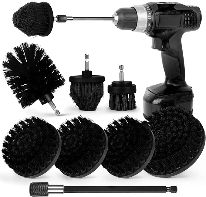 8 Pack Drill Brush Attachment Set, 1/4in Power Scrubber Brush + Extend Long Rod, Brush Drill Attachment, Power Cleaning Scrub Brush for Bathroom, Tub, Tile, Corner, Floor（Black）