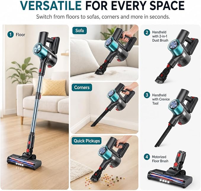 Cordless Vacuum Cleaner, Stick Vacuum for Pet Hair & Hardwood Floor, Self-Standing Rechargeable Vacuum with Smart LED Display, Lightweight Battery Powered Vacuum for Home, Dorm, & Dog Hair-Aqua