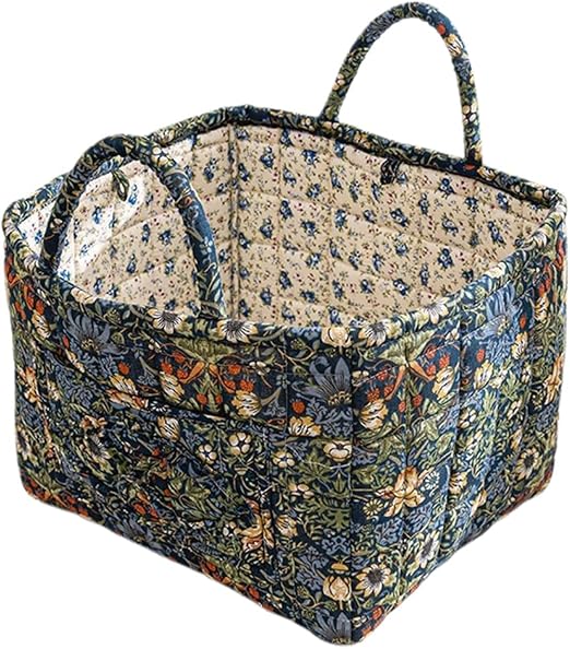Quilted Fabric Storage Basket with Handles – Boho Foldable Floral Organizer Bin for Home, Picnic, Shopping, Travel 13"x1