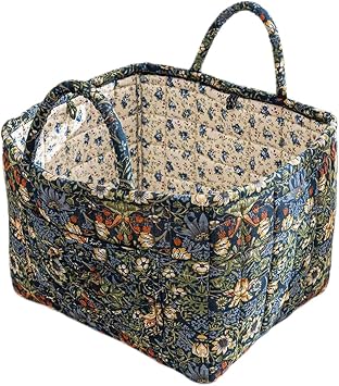 Quilted Fabric Storage Basket with Handles – Boho Foldable Floral Organizer Bin for Home, Picnic, Shopping, Travel 13"x1