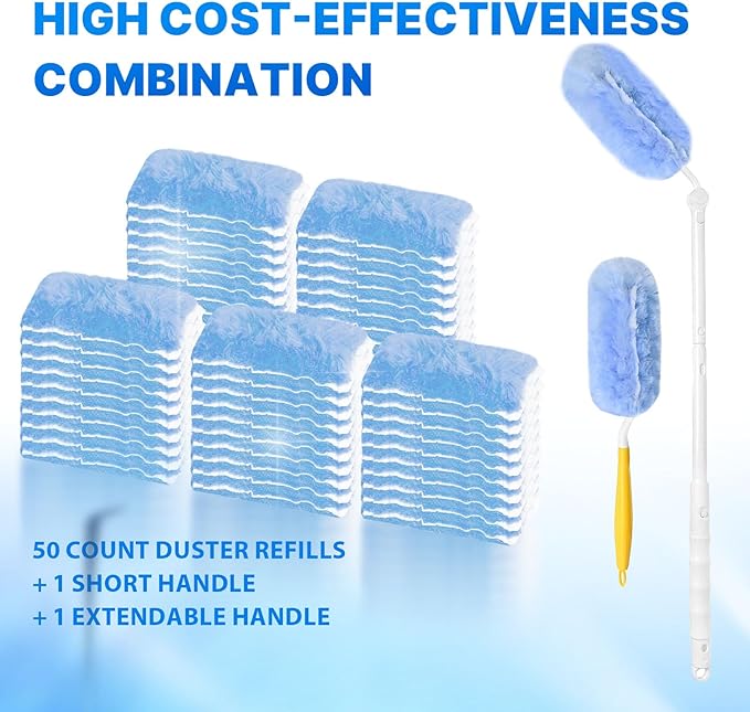 Duster Refill for Swiffer Duster, 50 Count Disposable Dusters Kit for Cleaning Dusting Furniture Blind Ceiling Fan, Multi Surface 360 Feather Duster + 3FT Extended Handle + Short Handle