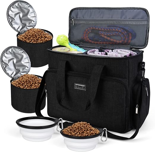 BAGLHER Dog Travel Bag, Airline Approved Pet Tote Organizer with Multi-Function Pockets, 2 X Food Storage Containers and