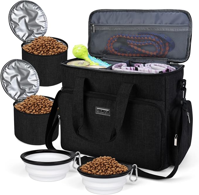 BAGLHER Dog Travel Bag, Airline Approved Pet Tote Organizer with Multi-Function Pockets, 2 X Food Storage Containers and