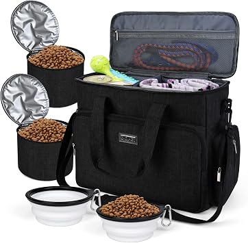 BAGLHER Dog Travel Bag, Airline Approved Pet Tote Organizer with Multi-Function Pockets, 2 X Food Storage Containers and