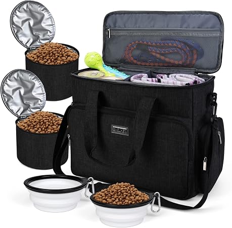 BAGLHER Dog Travel Bag, Airline Approved Pet Tote Organizer with Multi-Function Pockets, 2 X Food Storage Containers and