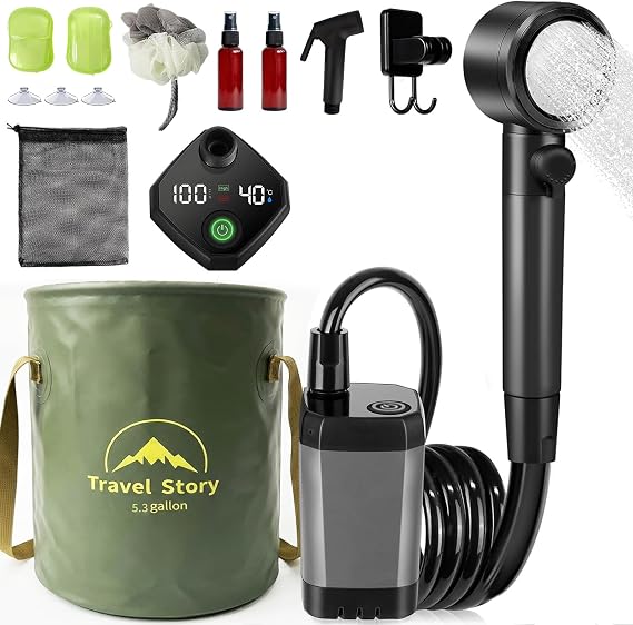 Portable Shower for Camping – 6000mAh Rechargeable Shower Pump with LED Display, 3 Modes & Spray Nozzle – IPX7 Outdoor S