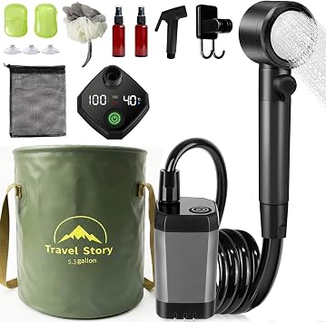 Portable Shower for Camping – 6000mAh Rechargeable Shower Pump with LED Display, 3 Modes & Spray Nozzle – IPX7 Outdoor S