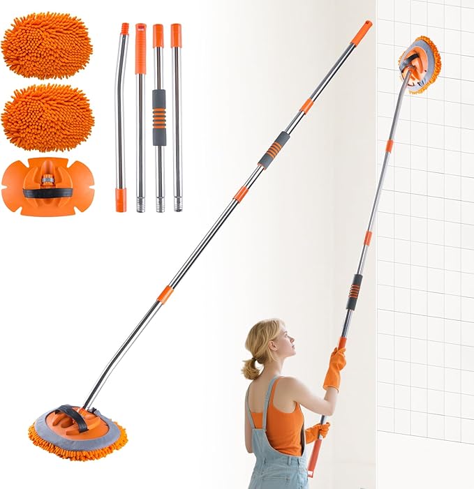 Wall Cleaner Mop with 68” Long Handle,15°Labor-Saving Elbow,Multi-Surface Duster for Painted Walls,Floor,Baseboard & Windows, Includes 2 Replaceable Microfiber Chenille Pads