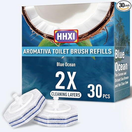 30Ct Aromative Toilet Brush Refills, Toilet Bowl Cleaner Refills, Double-Layer Cleaning Pads Added, Compatible with Most Toilet Brushes，Blue Ocean（Patented）