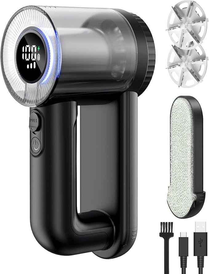 Fabric Shaver Electric Lint Remover Rechargeable Lint Shaver Digital Display Fabric Sweater Shaver 3 Speeds 6 Leaf Blades for Clothing to Remove Pilling for Clothes, Furniture, Sweater, Couch, Blanket