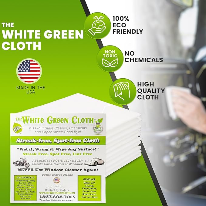 The White Green Cloth 10-Pack Reusable Cleaning Cloths for Streak-Free Windows, Mirrors & All-Purpose Cleaning – Chemical-Free, Absorbent, Non-Abrasive, 16" x 16" White Cleaning Rags, Made in The USA