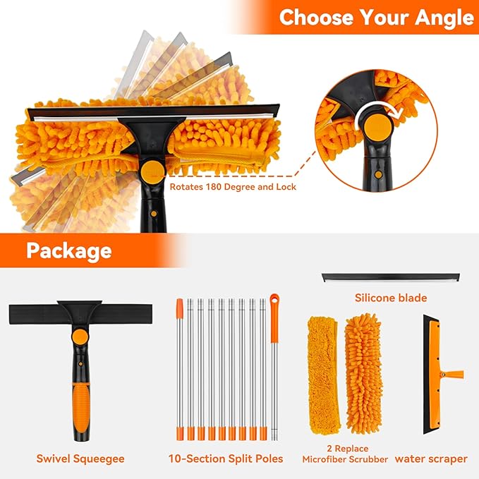 Window Cleaning Tools Window Squeegee: 2 in 1 Double-Sided Professional Cleaner Window Washing Kit with Extension Pole 20+ Ft Duster for High Ceilings Microfiber Scrubber for Indoor Outdoor High Glass