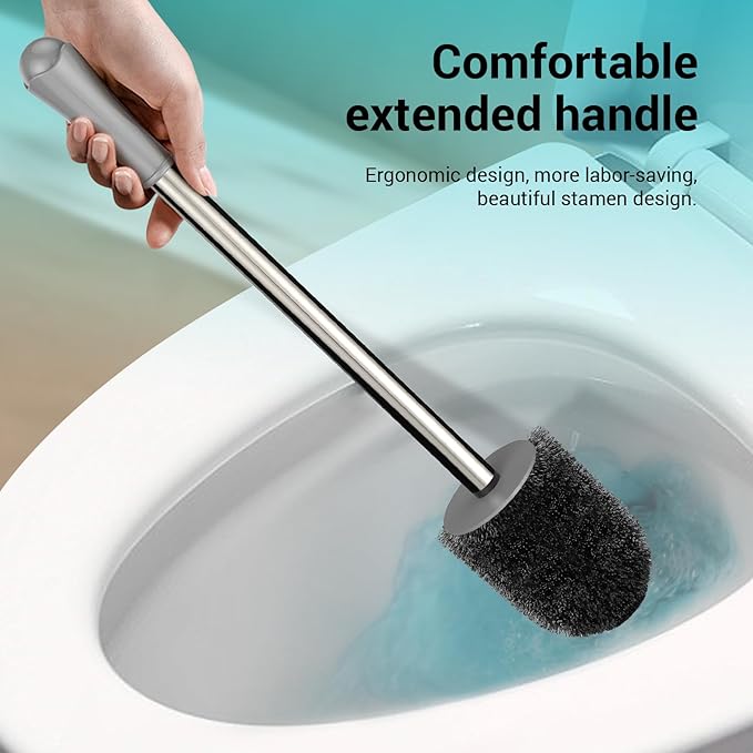 Toilet Brush and Holder Set, with Stainless Steel Handle Toilet Bowl Brush, Compact Toilet Scrubber Brush for Deep Cleaning Bathroom Restroom, Easy to Assemble-Grey