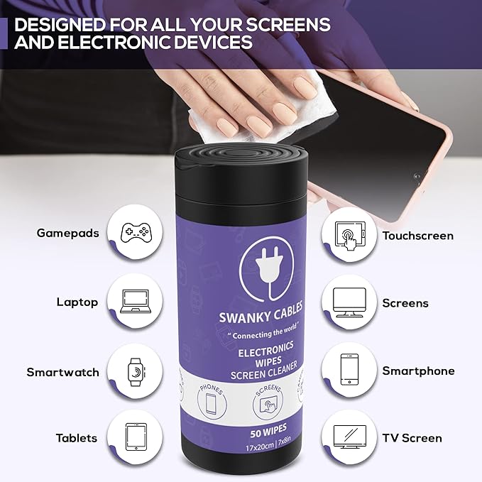 Swanky Cables Screen Cleaner Wipes: Electronic Wipes for Screens - Computer Screen Wipes for Lens, Phone, Tv Screen and Monitor Cleaning - Tech Wipes & Microfiber Cloth (Canister, 300 Count)