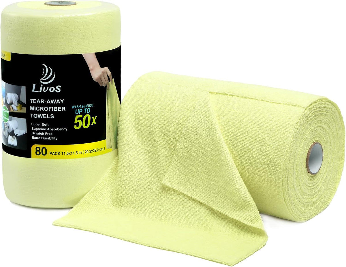 Microfiber Cleaning Cloth Roll - 80 Pack, Reusable Paper Towels Tear Away Towels, Microfiber Towels for Cars, Super Absorbent Lint Free Cleaning Rags for House, Kitchen-Beige Yellow,11.5"x11.5"