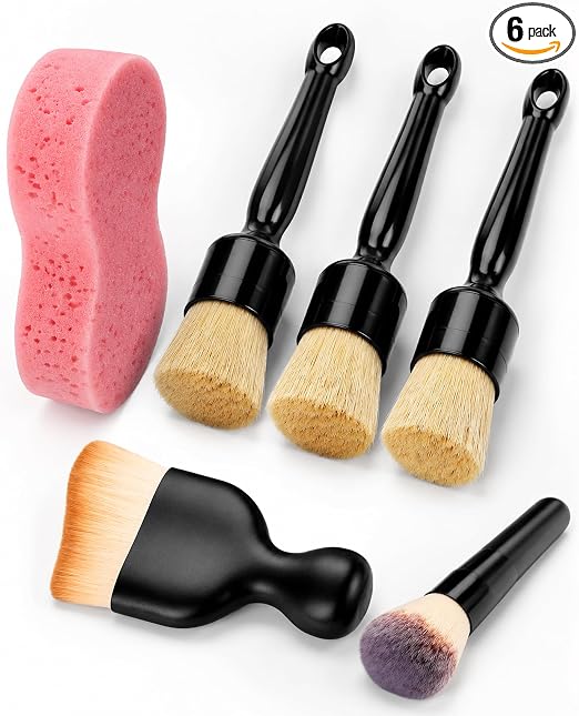 6PCS Car Detailing Brush Set, Car Detailing Supplies, Soft Boar Hair Vehicle Interior Exterior Detail Cleaning Brush, Mu
