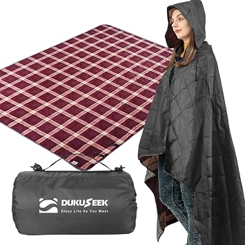 DUKUSEEK Large Camping Blanket - Waterproof, Quilted, Extra Thick Fleece, Warm, Windproof, Wearable, Includes Foldable H