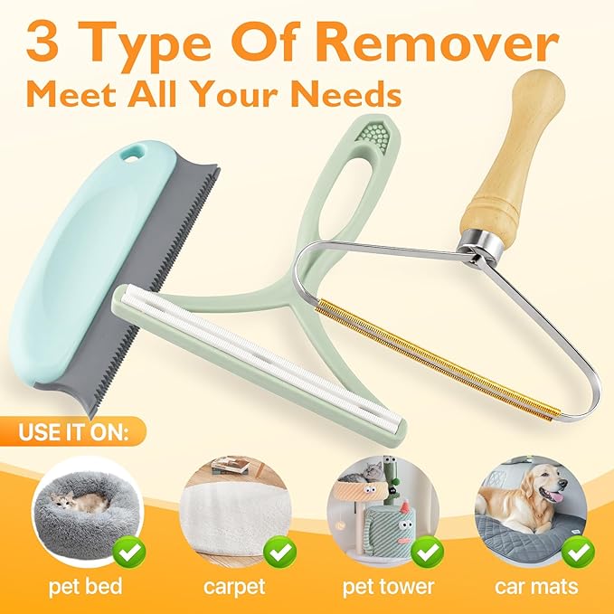 Pet Hair Removal Tool 3 Pack Dog Cat Hair Remover Carpet Scraper Rake Fur Removal Brush Lint Remover Shaver for Car Furniture Couch Green