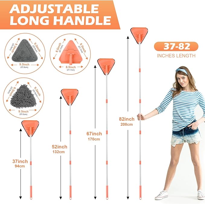 Wall Cleaner Triangle Mop with 82'' Long Handle - Wall Scrubber, Cleaning Washer Tool with 4 Microfiber Chenille Duster Pads for Clean Walls, Ceiling, Windows, Baseboards, Floors (Orange, 4 Pads)