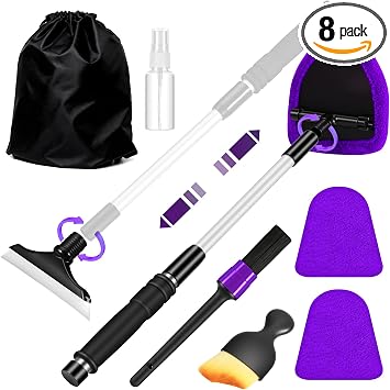 Purple Windshield Cleaner Tool, Car Interior Cleaning Kit with Extendable Handle and 3 Reusable Microfiber Pads, Auto Gl