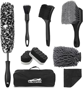 9Pcs Car Wheel & Tire Brush Kit, Wheel Cleaner Brush, Soft-bristled Rim Brush, Tire Shine Applicator Pad, Car Wash Mitt,