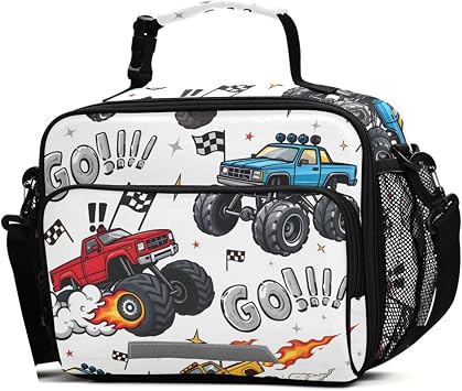 Truck Racing Car Flag Truck Lunch Box for Boys Girls Insulated Lunch Bag Kids Cooler Tote Shoulder Strap Reusable School