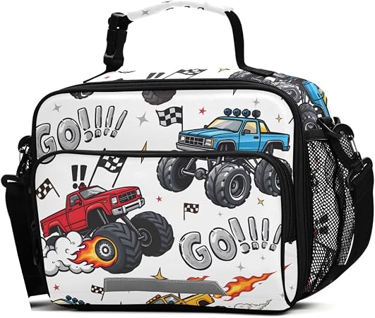 Truck Racing Car Flag Truck Lunch Box for Boys Girls Insulated Lunch Bag Kids Cooler Tote Shoulder Strap Reusable School