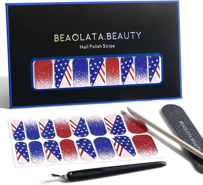 Nail Polish Strips, 32PCS Salon Quality Wraps, Long Lasting Gel Nail Stickers for Women Easy Apply& Remove (Red White and Blue)