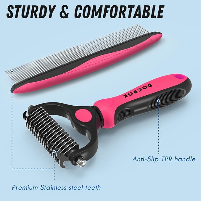 Docrok Pet Grooming Brush & Comb Combo, Cat & Dog Brush for Shedding & Dematting, Undercoat Rake for Long-haired Pets, Pink