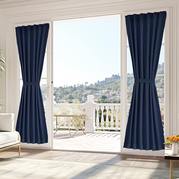 Vatge French Door Curtains Self-Adhesive Sidelight Curtains for Front Door, Narrow Blinds for Door Side Window 1 Panel, W25 x L80, Navy
