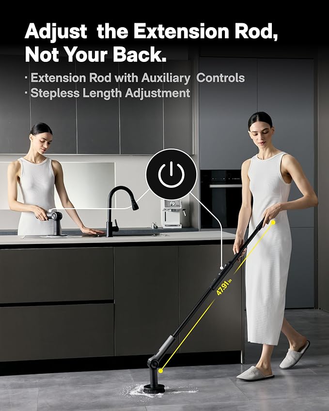 HOTO Flexi™ Cordless Electric Spin Scrubber, Adjustable Angle, Extendable Handle, Smart Display, IPX7 Waterproof, Powerful Cleaning Scrubber with 8 Replaceable Brush Heads, for Bathtub, Bathroom, Tile