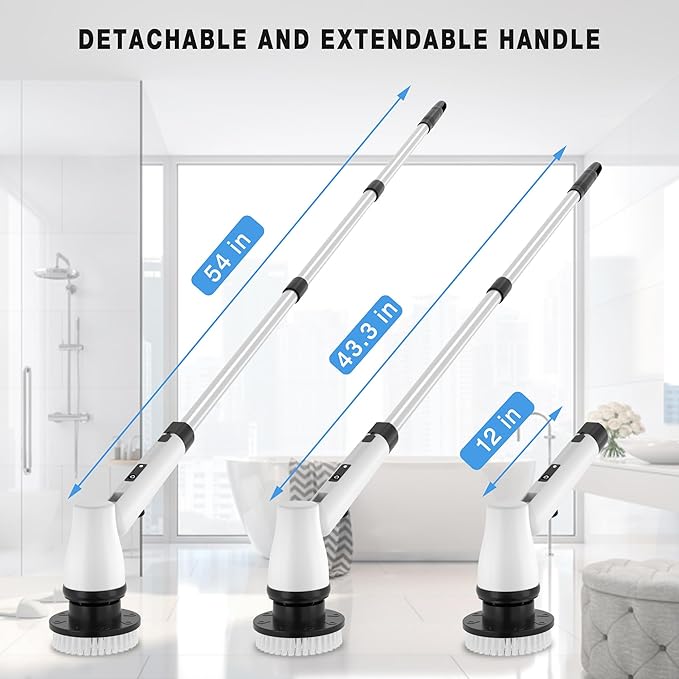 KEROMEE Electric Spin Scrubber Cordless Cleaning Brush with 7 Replaceable Brush Heads & Adjustable Extension Handle, 2 Speed Power Shower Scrubber for Bathroom, Tub, Tile, Floor (White)