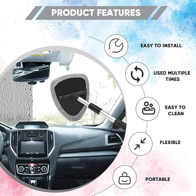 Windshield Cleaning Tool, Car Window Cleaner with Extendable Handle, 4 Microfiber Pads and Spray Bottle, Auto Interior Exterior Glass Wiper Cleaning Kit Universal for RV, SUV, Truck (Gray)