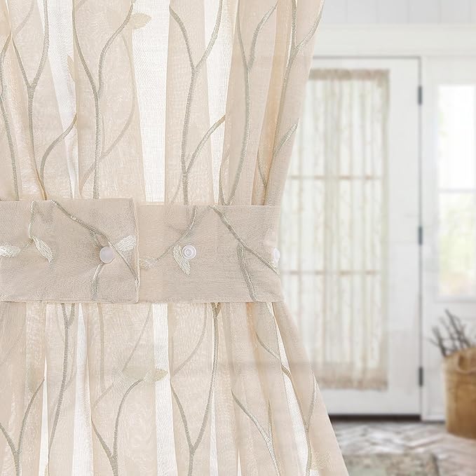 jinchan Sheer Door Curtain 72 Inches Floral Embroidered Semi-Sheer Embroidery Voile Floral French Door Curtain Light Filtering Drape Rod Pocket 1 Panel Beige