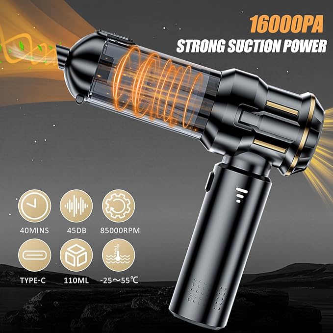 Handheld Car Vacuum Cordless, Mini Vacuum Cleaner Rechargeable, 16000Pa Hand Held Vacuum Cleaner Portable, Small Vacuum with Multi-Nozzles, Dust Duster for Car Home Office Pet (Black Gold)