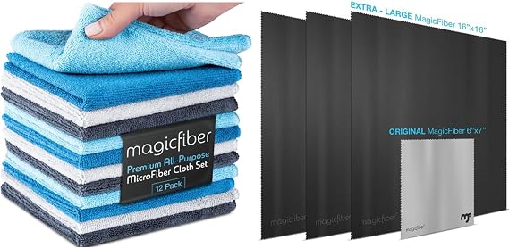 MagicFiber 16 PK - 12 Household Microfiber Cleaning Cloths + 4 Glasses Microfiber Cleaning Cloths - Premium Kitchen Towe