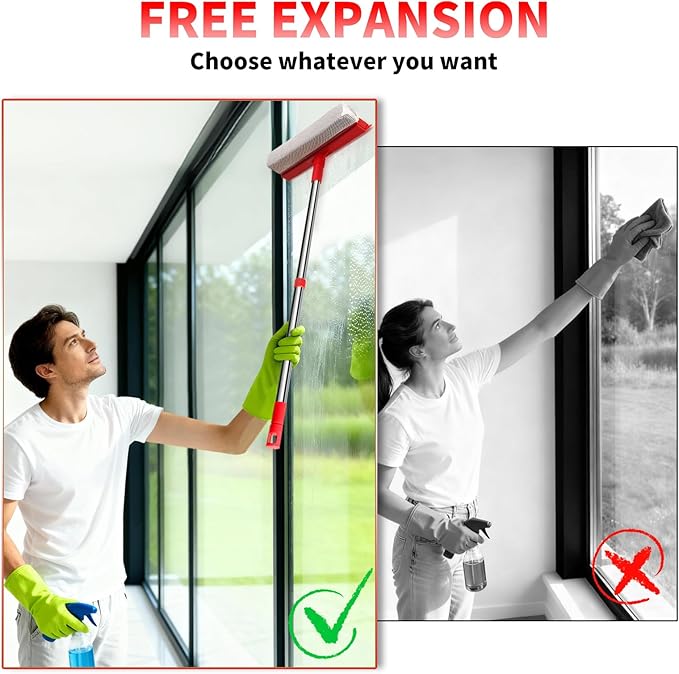 Window Squeegee with 18.5"-28.5" Retractable Handle, 2-in-1 Squeegee for Window Cleaning Tool for Cars, Trucks, Glass Doors, Shower, Outdoor Windows – Window Cleaner (Red)
