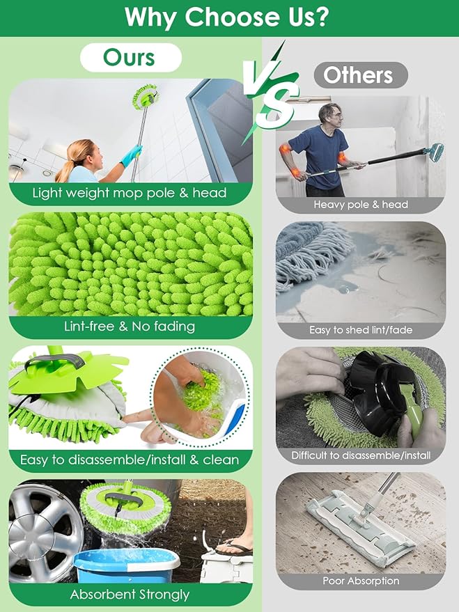 2 in 1 Lightweight Wall Cleaner Mop with Long Handle 75" 190cm Ceiling Duster Lint-Free Chenille Fiber Mop for Kitchen Baseboard Floor Glass Window Roof Cleaning Washer Scrubber Brush Tool Wet Dry Use