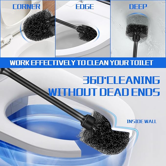 AONEZ Toilet Brush and Holder Set, 2 Pack Long-Handle Toilet Brush, Non-Slip Grip, Nylon Bristles, Deep Cleaning for Bathroom, Toilet Scrubber- Black