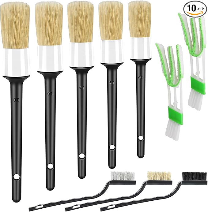 HMPLL 10pcs Car Detailing Kit, Premium Detailing Brush Set Includes 5 Soft Car Detailing Brushes, 3 Wire Brush, 2 Air Vent Brush for Cleaning Car Interior and Exterior Detailing, White
